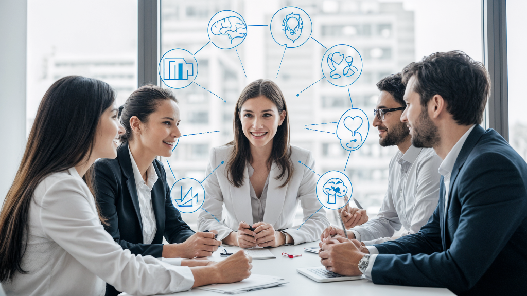 Diverse business team in a modern office discussing together, with EQ-i 2.0 icons representing brain, heart, decision-making, stress management, and leadership illustrated around them.