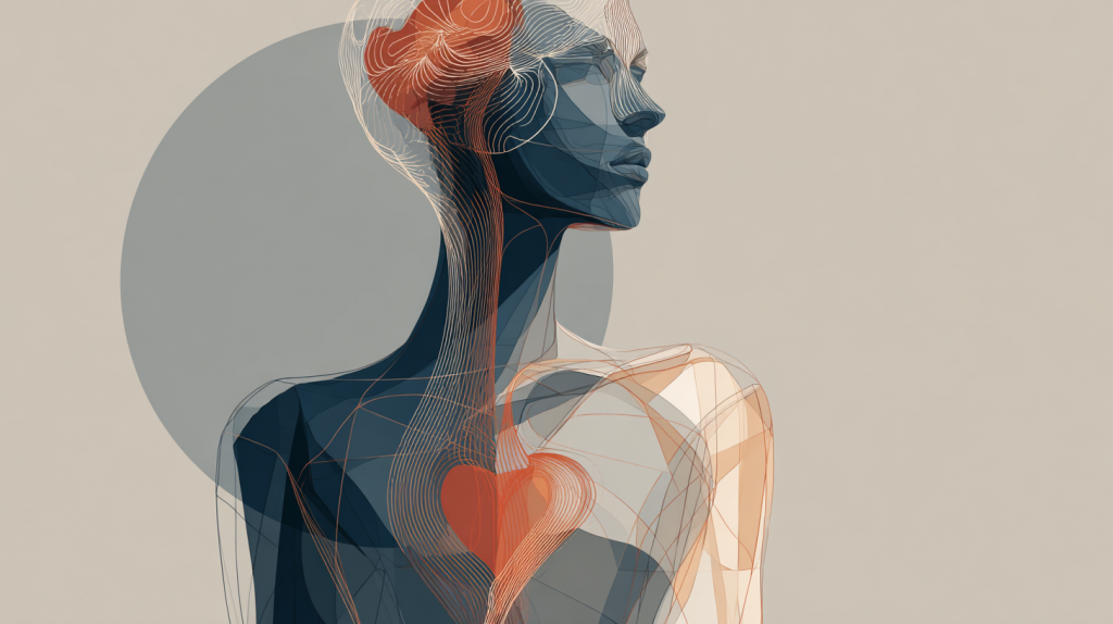 Abstract art of a human silhouette with highlighted brain and heart, representing emotional intelligence (EQ), empathy, leadership, and the future of work in a digital age.